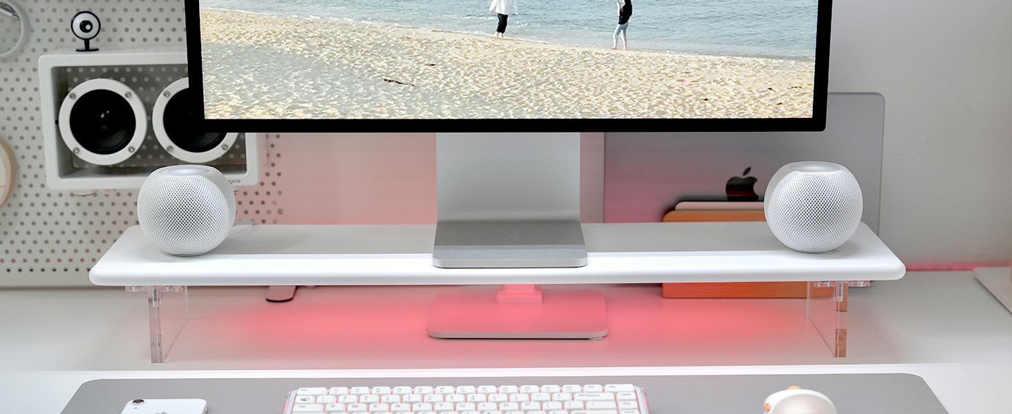 Bamboo Monitor Stand Riser in White with RGB Light