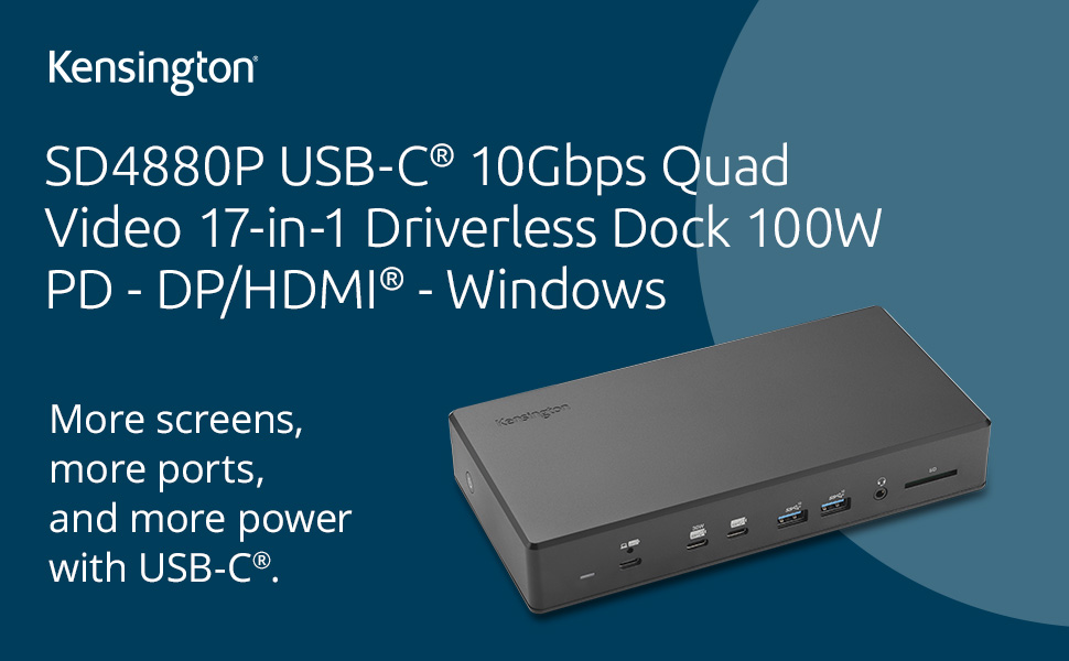 Kensington SD4880P USBC 4k Quad Monitor Docking Station, 6 x USBA & 4