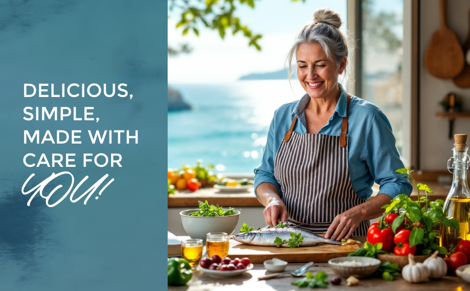 Smiling woman cooking fresh Mediterranean dishes in kitchen, surrounded by vegetables and herbs