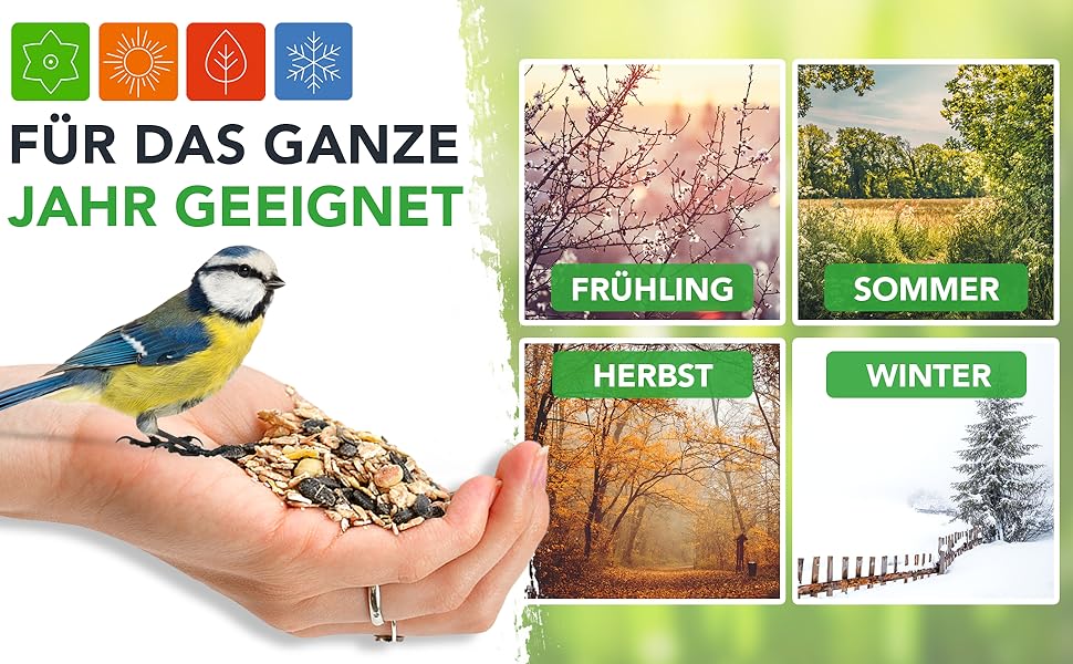 Werbung für Vogelfutter, die eine Hand zeigt, die einen Vogel füttert, mit vier saisonalen Bildern mit der Aufschrift „Frühling“, „Sommer“, „Herbst“ und „Winter“.