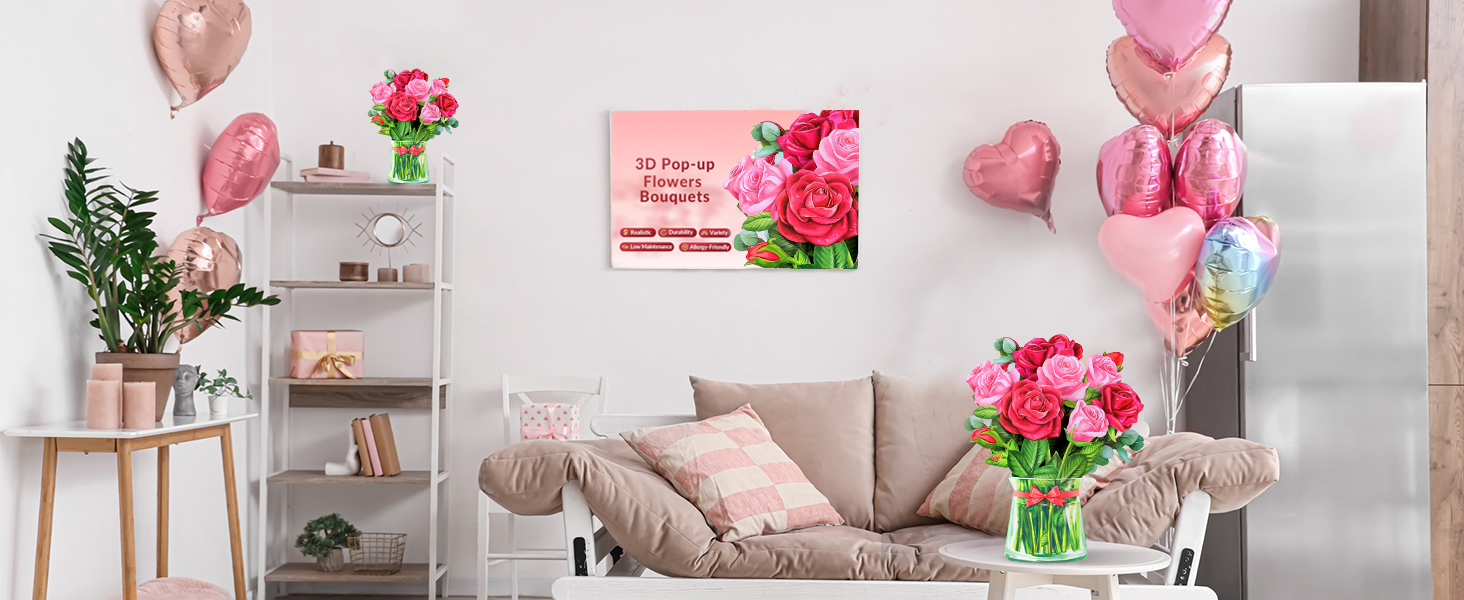 Airpark Paper Pop Up Cards,Rose Paper Flower Bouquet,3D