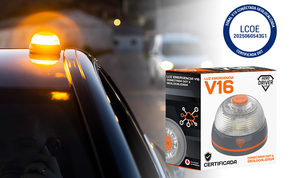 Baliza V16 conectada y geolocalizada, certificada DGT, luz de emergencia y conectividad 2040