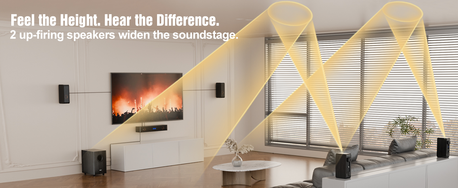 TV Sound bars system with 2 up-firing speakers widen the soundstage.