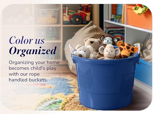 Homz 17 Gallon Indoor Outdoor Storage Bucket with Rope Handles, Blue (2 Pack)