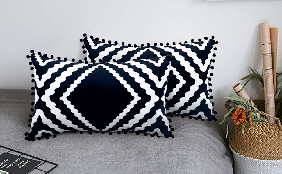 HYOPUO Set of 2 Black and White Pillow Covers with Pompoms