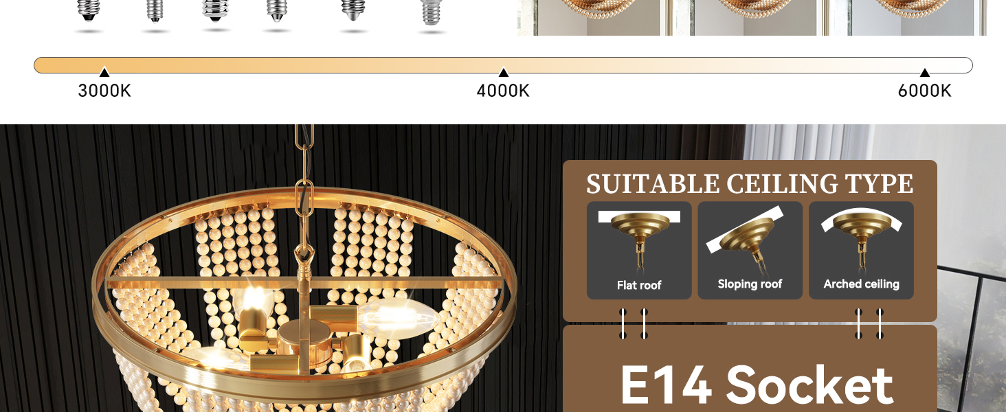 WFOTPZUK 18Inch Retro Pearl Chandelier, 3 Lights E14 Gold Chandelier Vintage Round Pendant Lighting