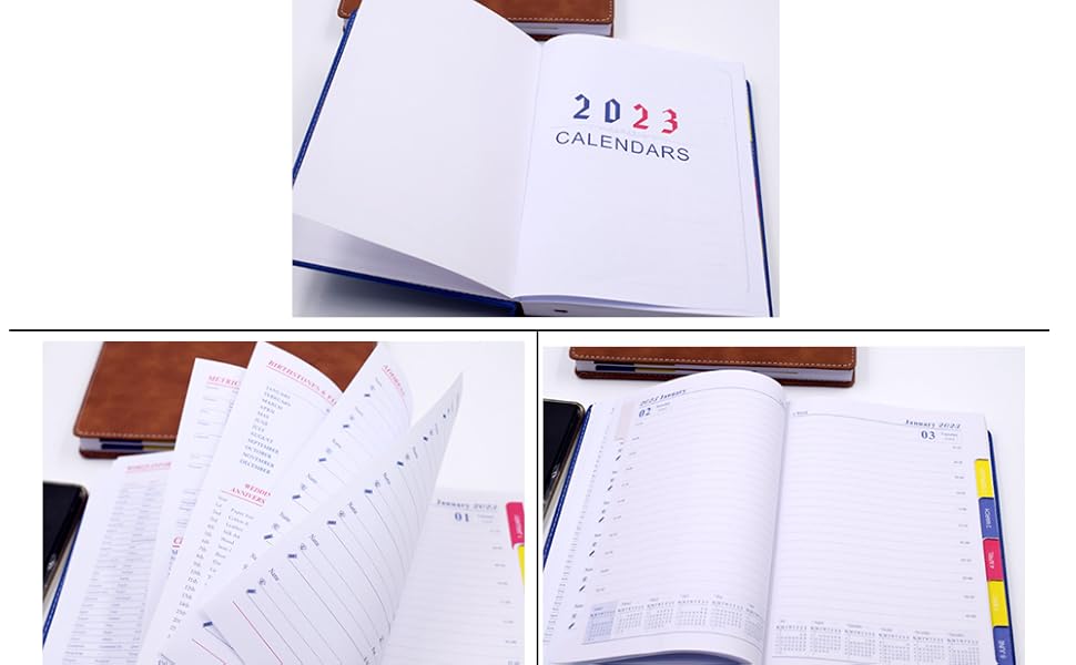 2023 Diary Planner,A5 Calendar Book with Tabs,Soft Leather Blue Cover,Daily Diary