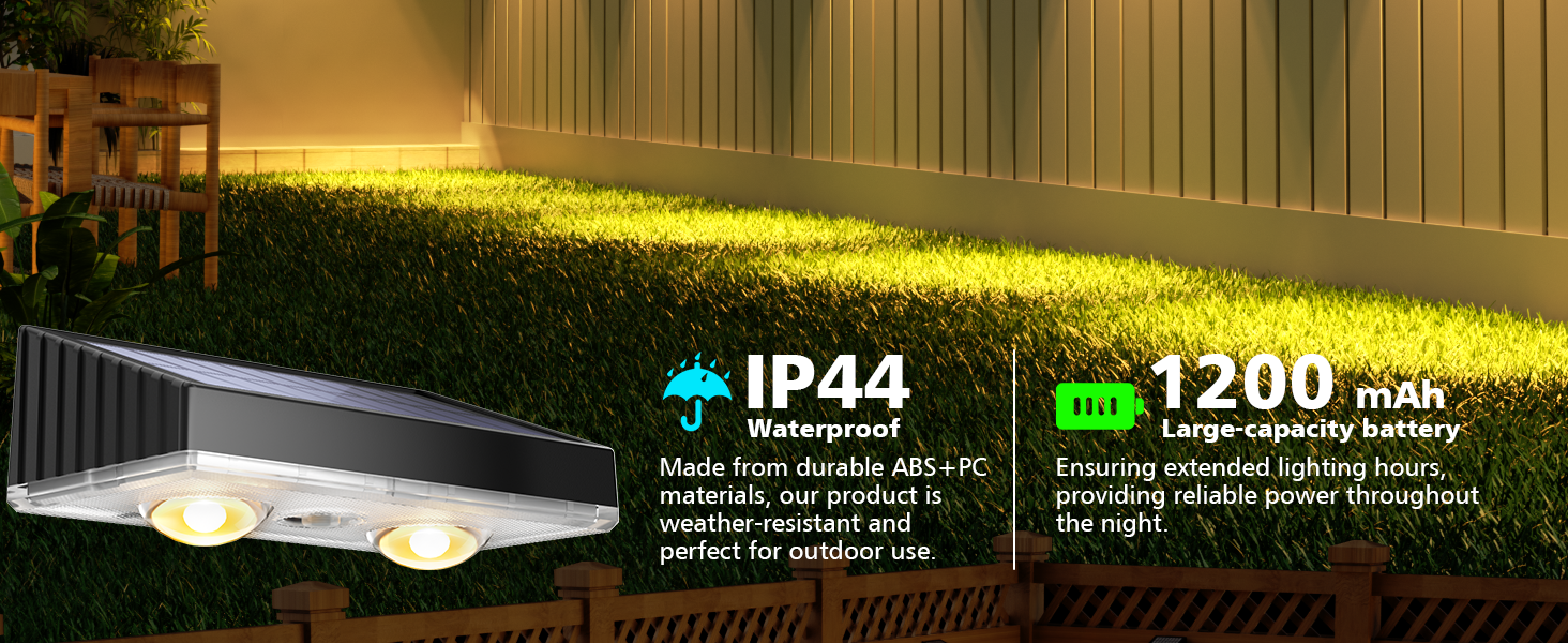 APONUO solar fence lights. IP44 waterproof, 1200mAh large capacity battery.