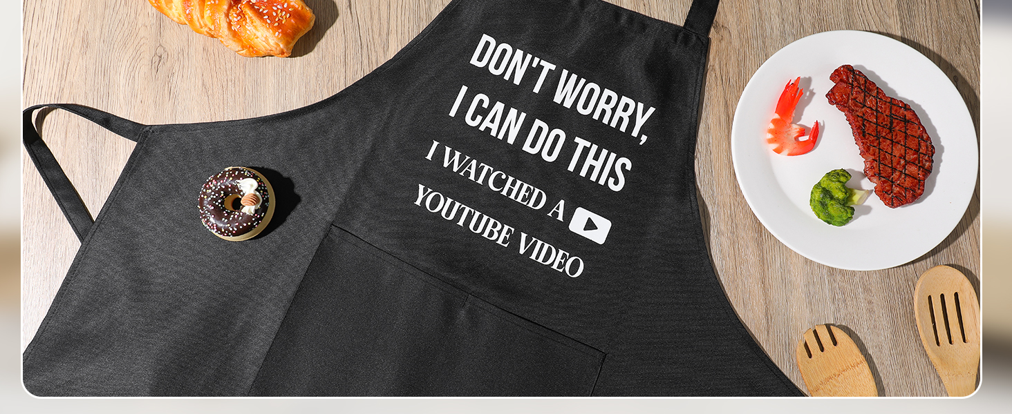 Text reads 'DON'T WORRY I CAN FIX THIS est. 1990'. Series of images showing a black apron with white text against food preparation scenes.