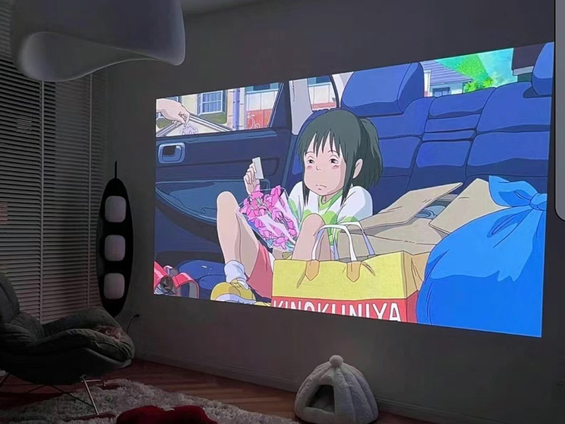 Grande scène d'anime projetée sur le mur dans une pièce sombre, montrant des couleurs vives et un format grand écran