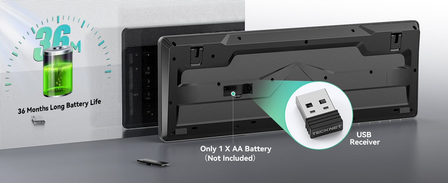 Electronic device diagram showing 48-hour battery life indicator and USB receiver port, with 1.5AA battery requirement specification.