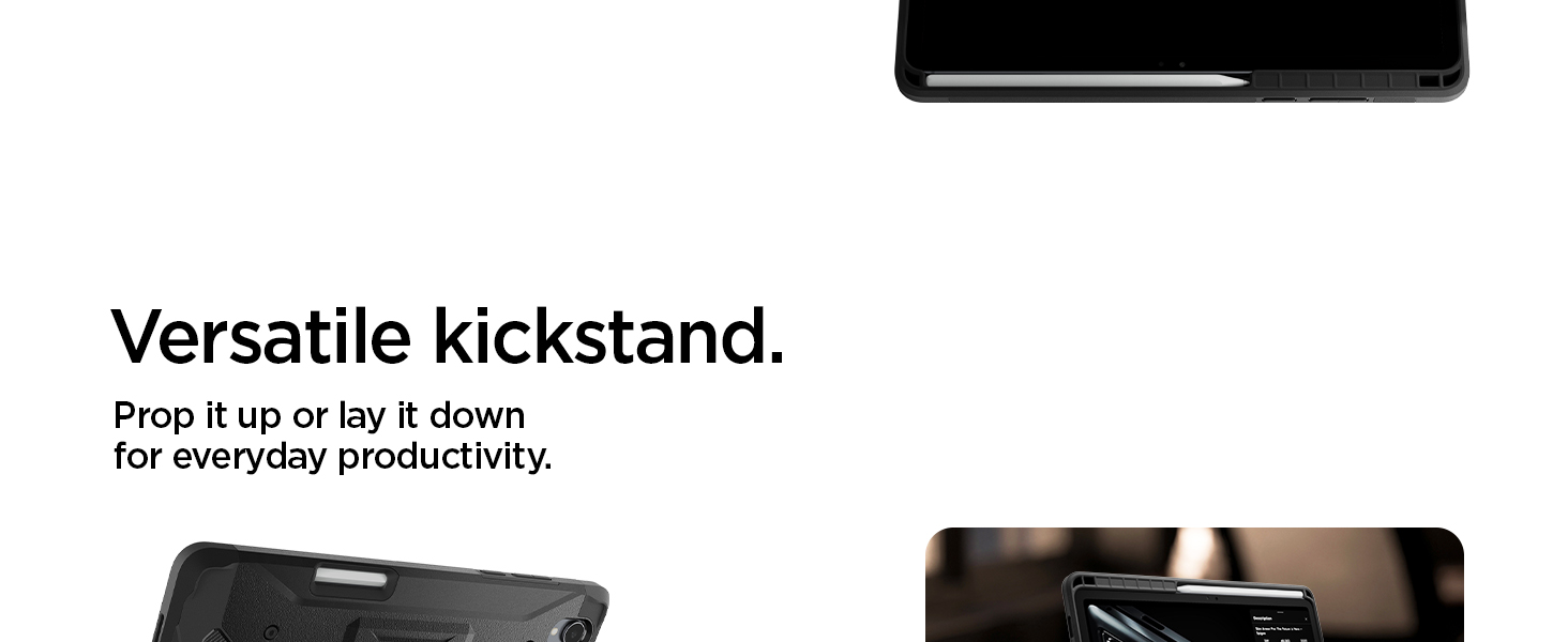 Der Text lautet "Image 4" and "Versatile Kickstand". Zwei schwarze, rechteckige Geräte, die aus verschiedenen Blickwinkeln dargestellt sind und über einen verstellbaren Ständer verfügen.