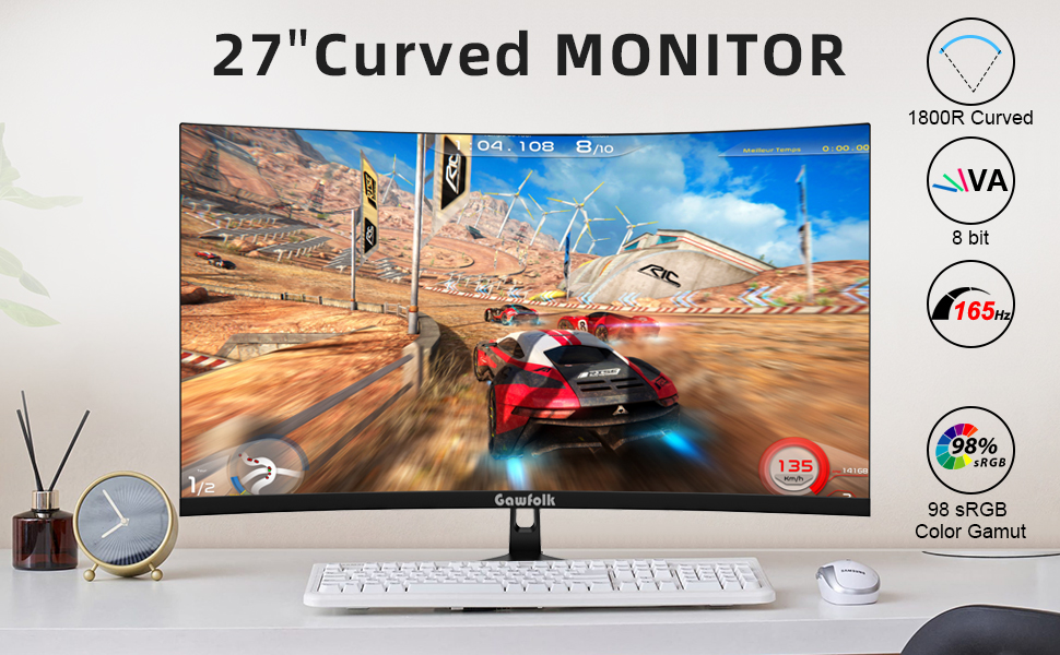 Gawfolk Curved 27 inch Gaming Monitor 165Hz, 144Hz PC Monitor 1ms Full HD 1080P