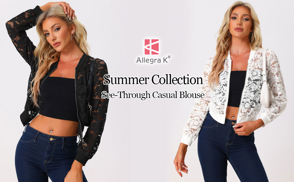 Allegra K Women's Lace Jackets Transparent Mesh Mesh Zip