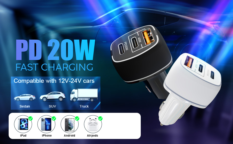 Ubon CH353, 65W Fast Car Charger Adapter, Dual PD+USB C Ports Super 3