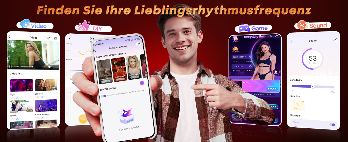 Reihe von Screenshots der Benutzeroberfläche für mobile Apps, die verschiedene Funktionen für soziale Medien oder Dating-Apps mit Profilbildern und Interaktionsschaltflächen zeigen.