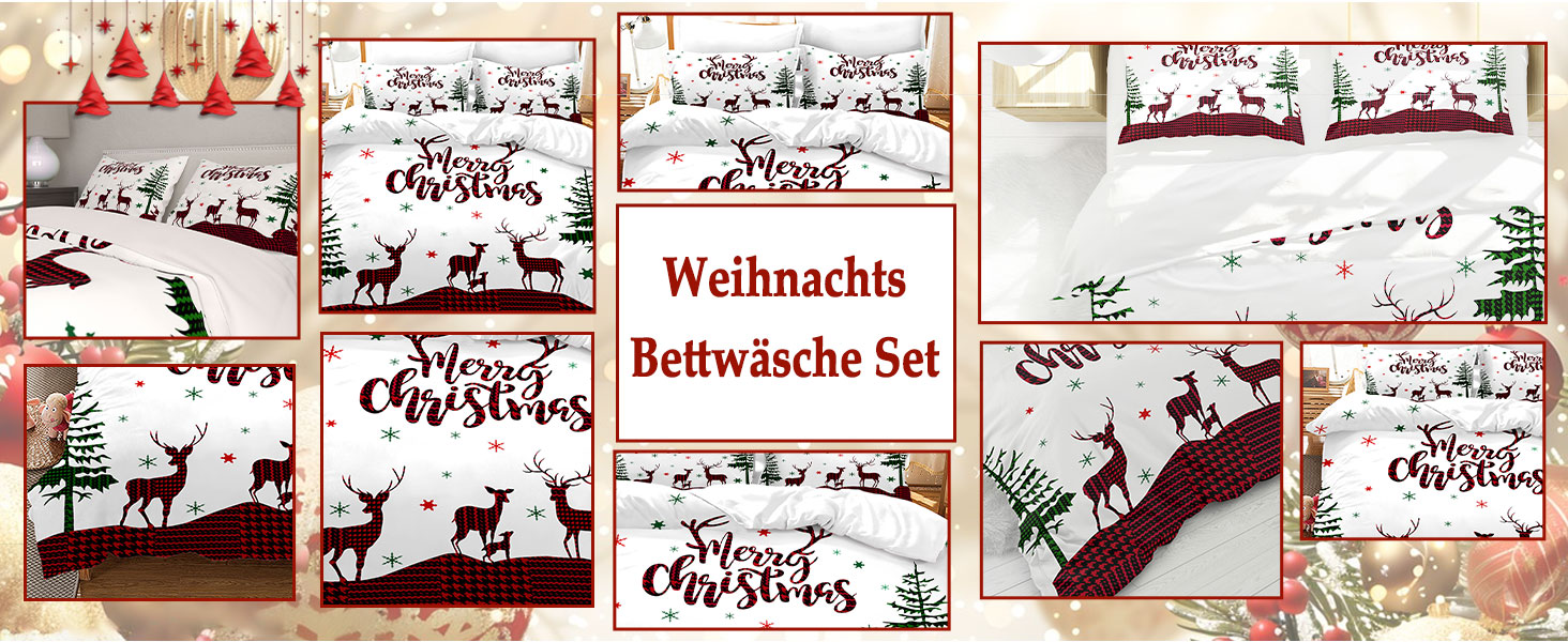 Der Text lautet „Weihnachten“ und „Bettwäsche Set“. Die Produktbilder der Bettwaren zeigen rote und weiße Bettbezugdesigns zum Thema Weihnachten mit Rentier- und Schneeflockenmustern.