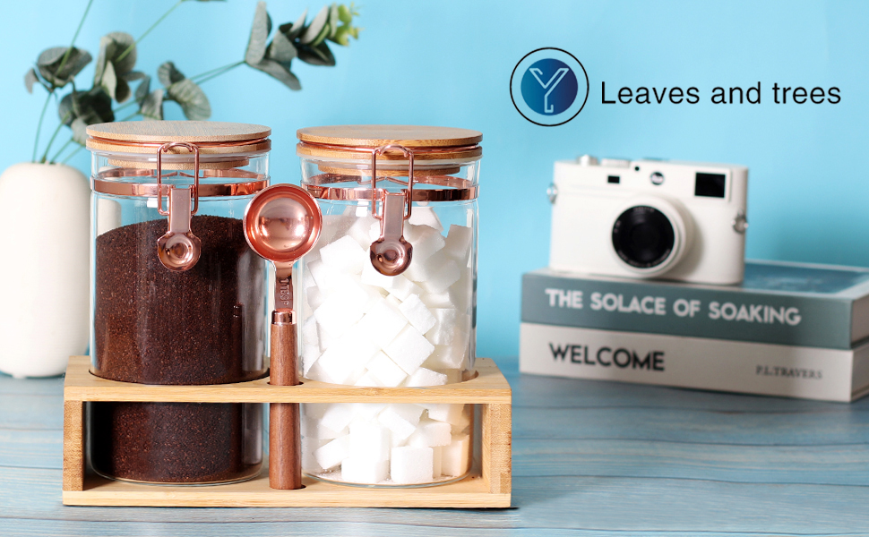 Set of 2 Glass Coffee Container with Shelf and Spoon