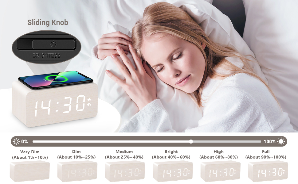 Wooden Digital Alarm Clock, 10W Fast Wireless Charger Station & USB