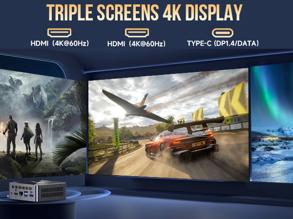 mini pc computer with triple screen display hdmi displayport dp type-c usb-c 4k ultra hd