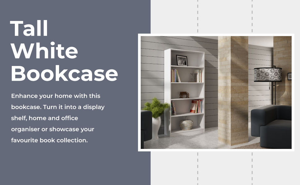 WHATSIZE ENTERPRISE 5 Tier Bookcase White Book Shelf for Living Room, Study, Bedroom or