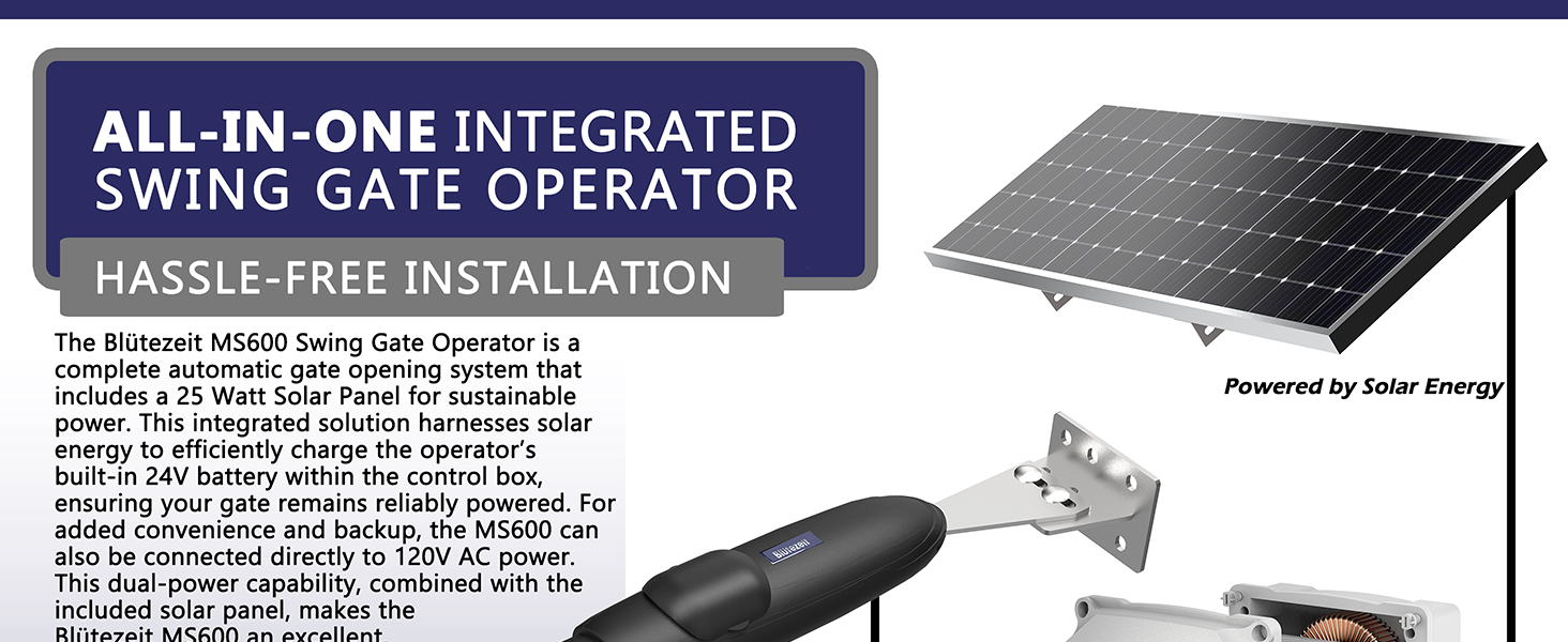 All-in-One Swing Gate Opener Kit with Solar Panel and Built-in Lithium Battery