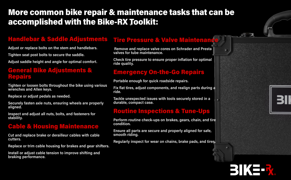 More common bike repair and maintentance tasks tat can be accomplished with the Bike Rx tool kit