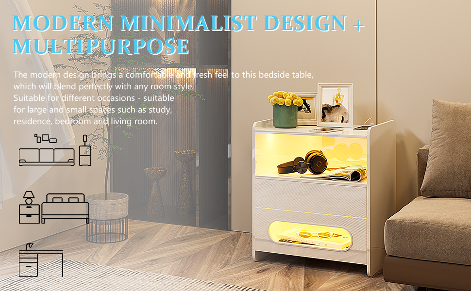 FREDEES White Nightstand with LED Lights,Smart Night Stand