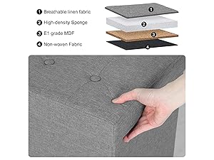 WOLTU Pouf Contenitore. Cassapanca Poggiapiedi Pieghevole Da 80L Con Coperchio Rimovibile. Panca Contenitore In Lino Oxford. Seduta Imbottita. 76x38x38cm. Grigio Chiaro 13 1