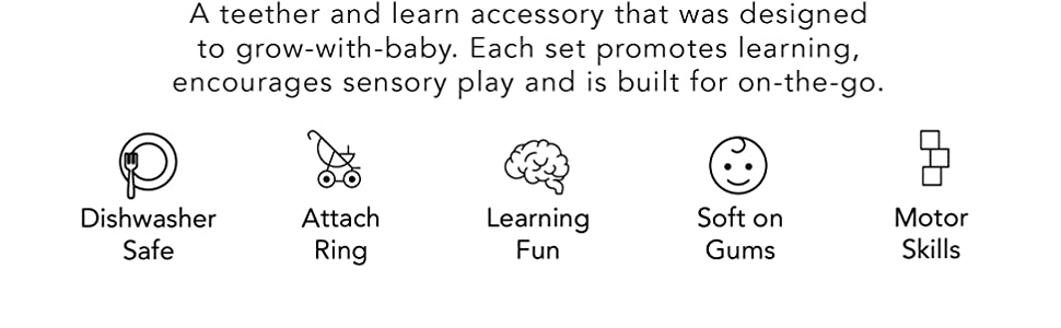 A teether and learning accesspry that was designed to grow with baby. Promotes learning 