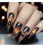 Halloween Press on Nails Long Stiletto Fake Nails with Designs Fire House Stick on Nail Black Acr...