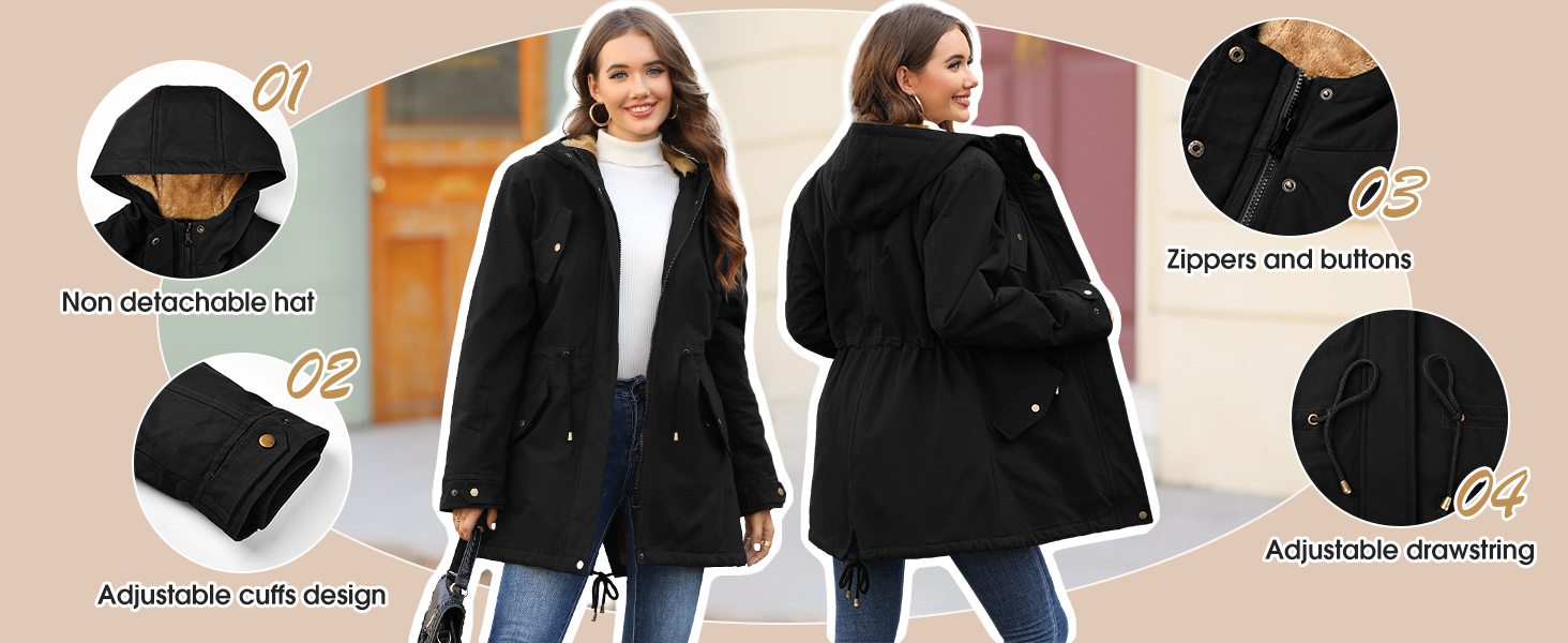 Women Warm Faux Fur Hooded Jacket Long Sleeves Fleece Lined Winter Coat Fashion Parka Outerwear