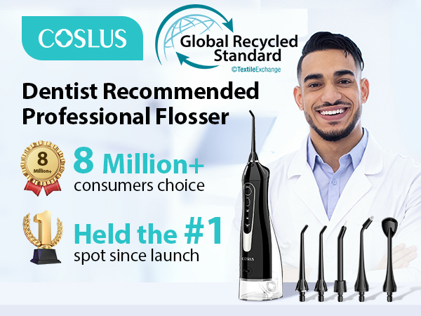 Text reads 'Dentist Recommended Professional Flosser', '8 Million+', 'Global Recycled Standard', 'consumers choice'. Marketing banner with product certifications and achievements.