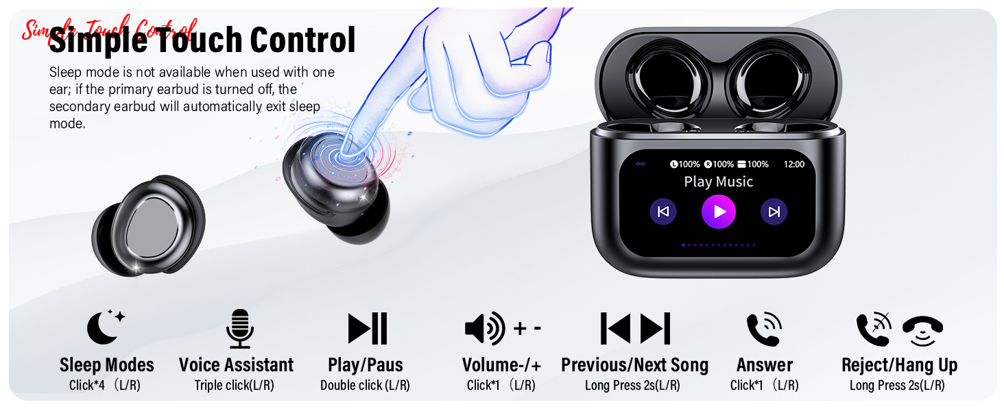 Text reads 'Simple Touch Control'. Control interface display showing audio playback buttons including Sleep Mode, Voice Assistant, Play/Pause, Volume, Previous/Next Song, Answer, and Reject/Hang up options.