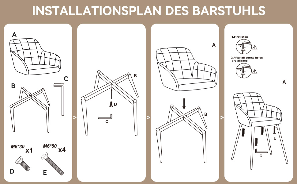 Das Diagramm mit der Montageanleitung für einen Barhocker zeigt den schrittweisen Installationsvorgang mit nummerierten Teilen und mehreren Winkeln