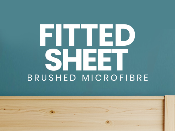 Product advertisement for a fitted sheet made of brushed microfibre. Teal background with white text over a wooden surface, likely representing a bedframe.