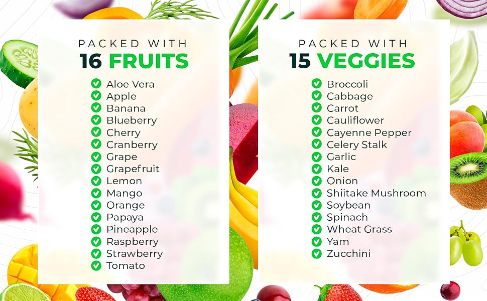 These fruits and veggies supplements contain over 31 natural whole vegetables and fruits.