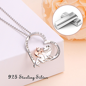 Sloth and a T-Rex dinosaur Necklace Silver Love Heart Engraved I Love You for Always and Forever