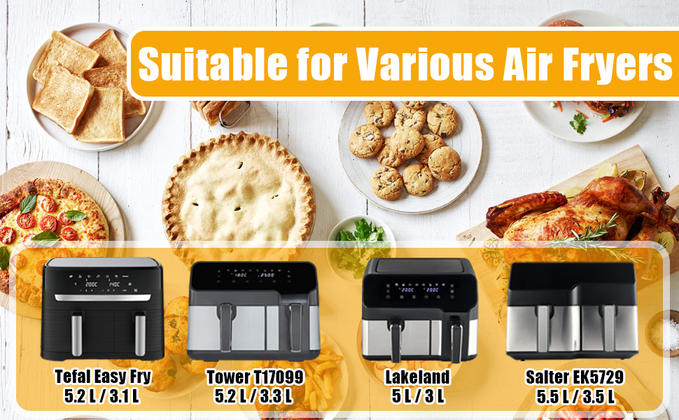 2Pcs Silicone Air Fryer Liners for Tefal Easy Fry 5.2L/3.1L, Dual Drawer Air Fryer Accessories Airfryer Liners for Lakeland 5L/3L, Salter 5.5L/3.5L,Tower T17099 5.2L/3.3L 17 Widely Used