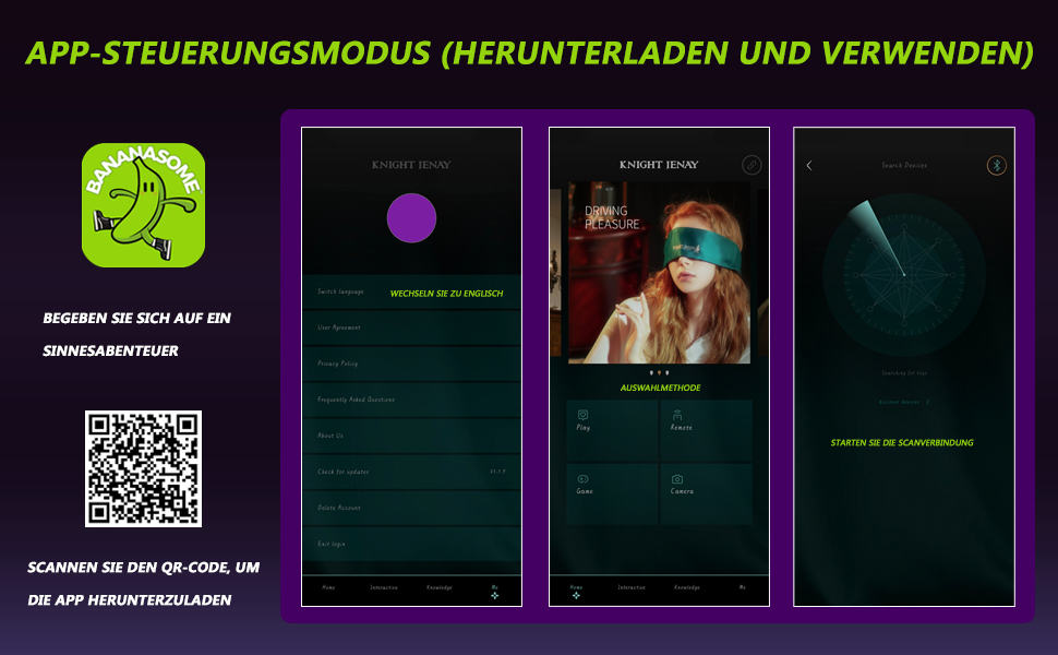 Der Text lautet 'APP-STEUERUNGSMODUS (HERUNTERLADEN UND VERWENDEN) '. Screenshots der Benutzeroberfläche der mobilen App zeigen ein dunkelgrünes Thema mit lila Akzenten und einem QR-Code zum Herunterladen der App.