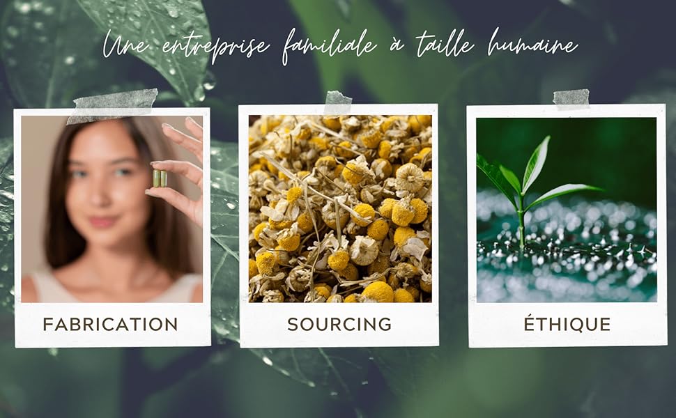 Le texte indique « FABRICATION SOURCING ETHIQUE » sur la bannière avec des panneaux d'images décoratifs montrant des bijoux et des éléments botaniques dans une mise en page artistique.