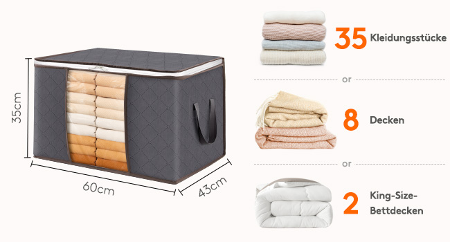 Große graue Aufbewahrungsbox mit Platz für 35 Kleidungsstücke, 8 Decken oder 2 Kingsize-Bettdecken. Die Box misst 60 cm x 45 cm x 35 cm