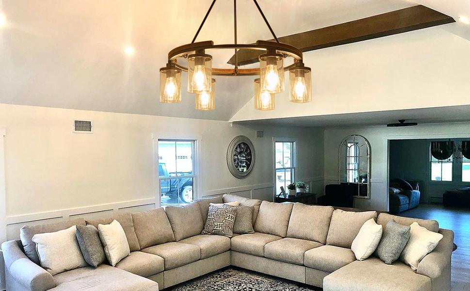 Wagon Wheel Chandelier with Glass Shade