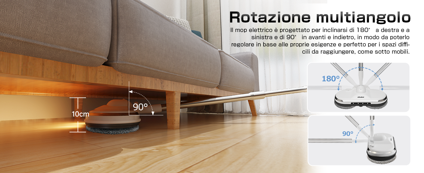 Il mop è progettato per inclinarsi di 180° a destra e a sinistra e di 90° in avanti e indietro