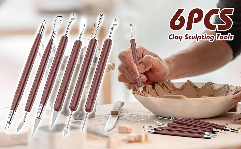 6PCS Clay Tools Sculpting, DoubleSided Polymer Carving Tools Kit, Wood Ceramic Tool