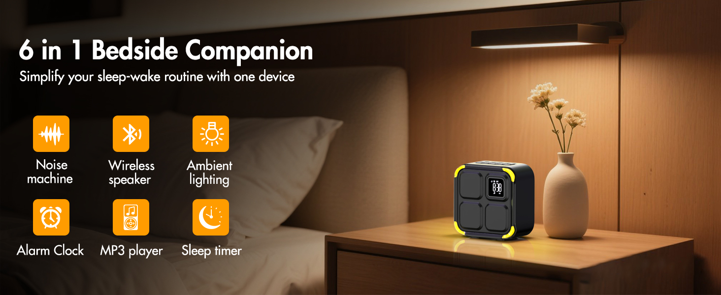 multi-functional sound machine features bluetooth speaker, alarm clock, night light and mp3 player