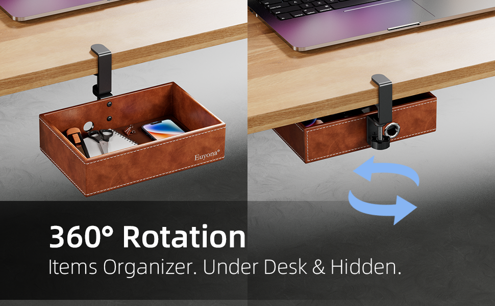 Euyona PU leather under desk drawer, 360° rotating clamp on