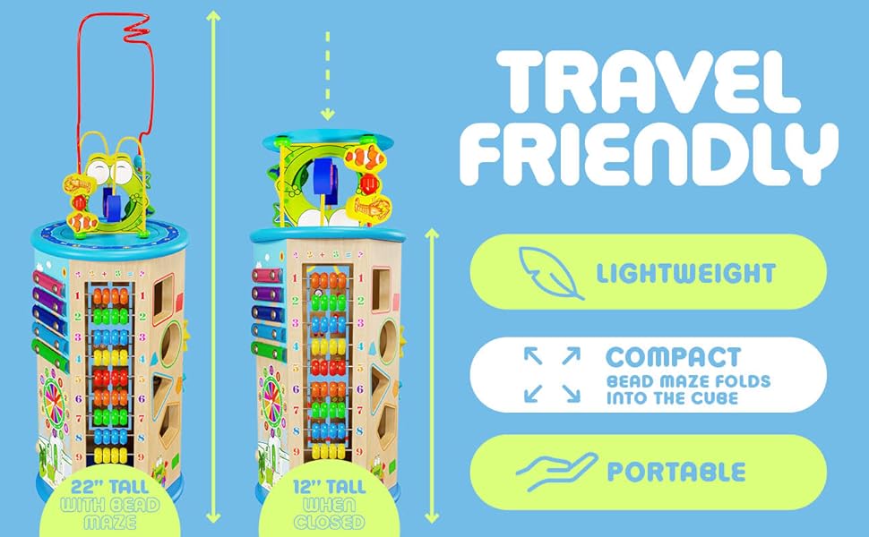 travel friendly lightweight compact portable wood wooden toy activity center for baby toddlers 