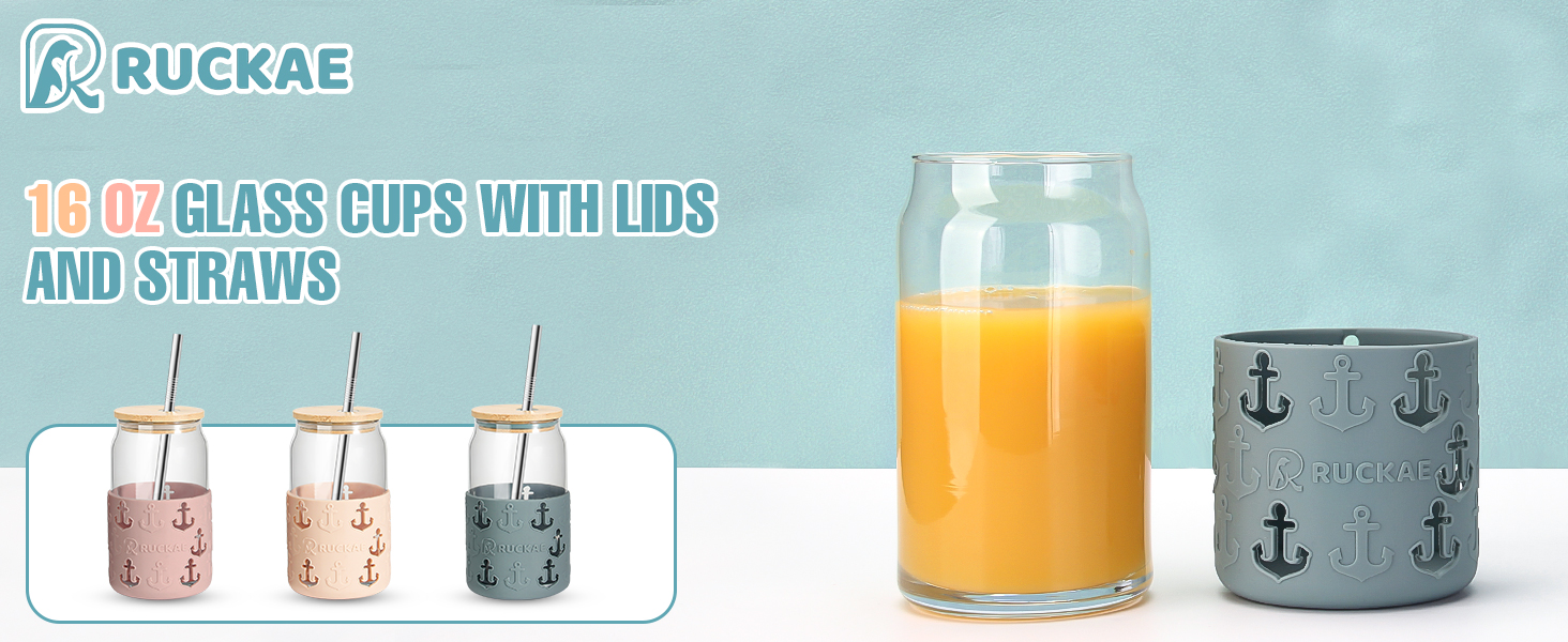 Ruckace 16 OZ Glass Cups with Bamboo Lids and Straws 2 Pack