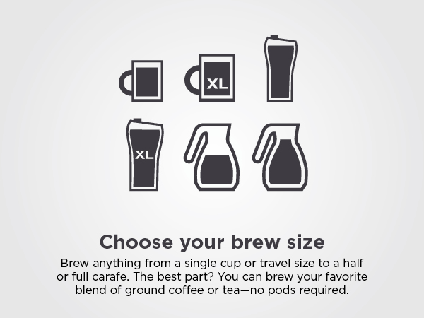 single cup or travel size to a half or full ground coffee or tea no pods required.